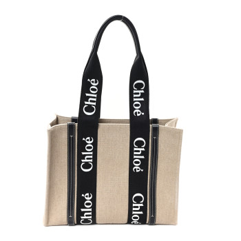 CHLOE Linen Calfskin Medium Woody Ribbon Tote Black Blue