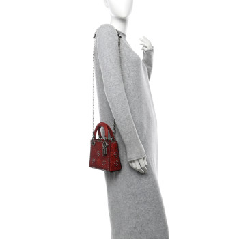 CHRISTIAN DIOR Calfskin Embossed Cannage Flower Studded Mini Lady Dior Bag Red