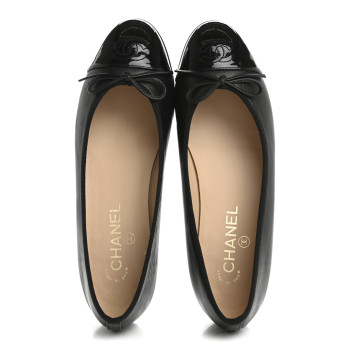 CHANEL Lambskin Patent Cap Toe Ballerina Flats 39 Black