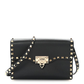 VALENTINO GARAVANI Vitello Medium Rockstud Flip Lock Crossbody Bag Black