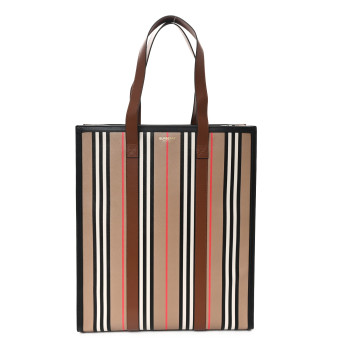 BURBERRY E-Canvas Stripe Book Tote Tan Archive Beige