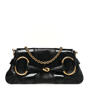 GUCCI Goatskin Patent Horsebit Chain Clutch  Black