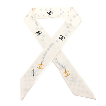 CHANEL Silk Pearl CC Slim Bandeau Scarf Ecru Grey