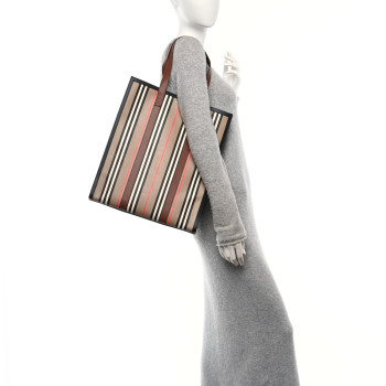 BURBERRY E-Canvas Stripe Book Tote Tan Archive Beige
