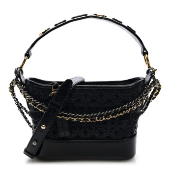 CHANEL Calfskin Wool Felt Embossed Small Gabrielle Logo Hobo Black