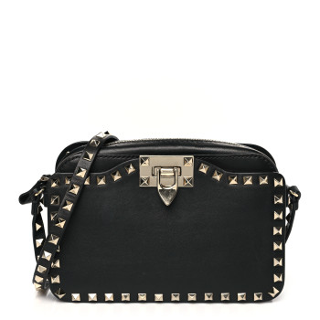 VALENTINO GARAVANI Grained Calfskin Rockstud Flip Lock Camera Crossbody Bag Black