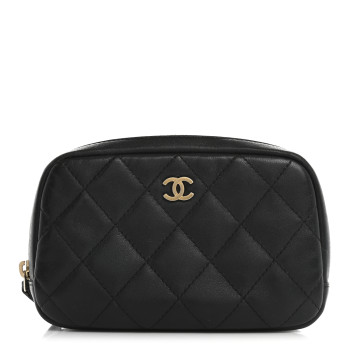 CHANEL Lambskin Quilted Small Curvy Pouch Cosmetic Case Black