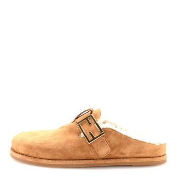 FENDI Suede Shearling Fendi Feel Buckled Clogs 38 Caramel Latte