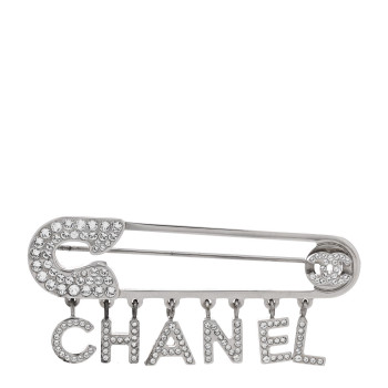 CHANEL Crystal Safety Pin Brooch Silver