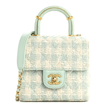 CHANEL Tweed Handle Crush Top Handle Flap Bag Light Blue Ecru