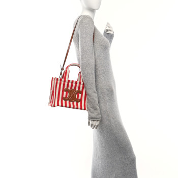 CELINE Canvas Calfskin Striped Triomphe Small Cabas Thais Natural Red
