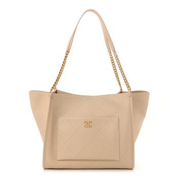 CHANEL Caviar Stitched Pocket CC Large Tote Light Beige