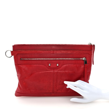 BALENCIAGA Smooth Calfskin Classic SIlver Hardware Medium Clip Red Lipstick