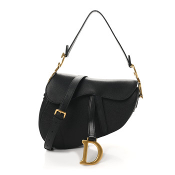 CHRISTIAN DIOR Grained Calfskin Saddle Bag With Strap Black