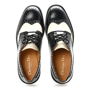 CHRISTIAN DIOR Brushed Calfskin Perforated Teddy Derby Flat Shoes 37 Black Off White