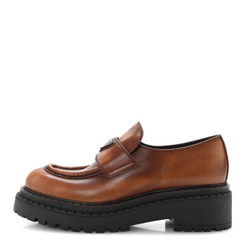PRADA Spazzolato Fume Metal Triangle Logo 50mm Loafers 38.5 Cognac