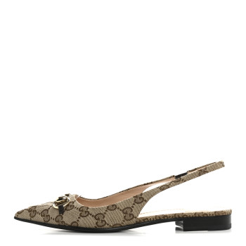 GUCCI Monogram Horsebit Womens Slingback Ballet Flat 36.5 Beige Ebony Cocoa