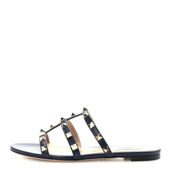 VALENTINO GARAVANI Nappa Rockstud Caged Flat Slide Sandals 35 Marine