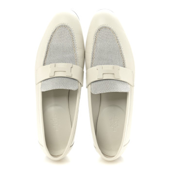 HERMES Calfskin H Canvas Womens Paris Loafers 39 Beige Glaise Prunoir