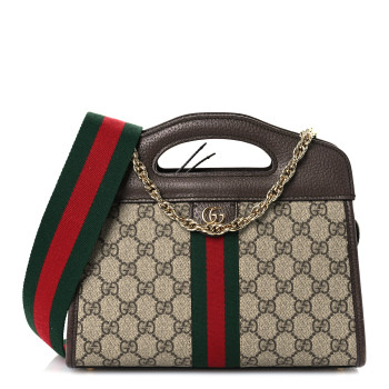 GUCCI GG Supreme Monogram Textured Dollar Calfskin Web Small Ophidia Slip Handle Tote Beige Ebony New Acero