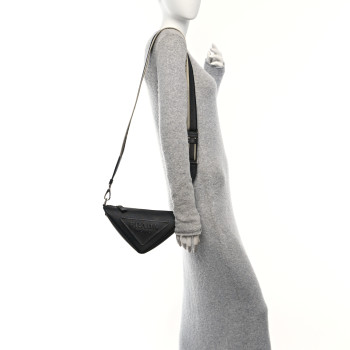 PRADA Saffiano Cuir Triangle Logo Embossed Triangle Shoulder Bag Black