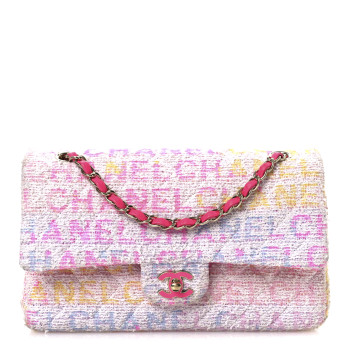 CHANEL Tweed Quilted Enamel CC Logo Medium Double Flap Pink Multicolor