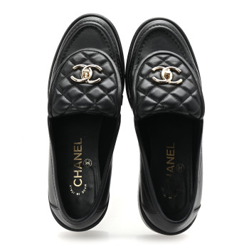 CHANEL Lambskin Quilted CC Turnlock Loafers 37.5 Black