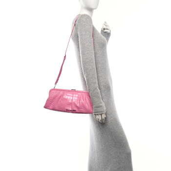 BALENCIAGA Shiny Supple Calfskin Logo Crocodile Embossed XL Cloud Clutch Pink
