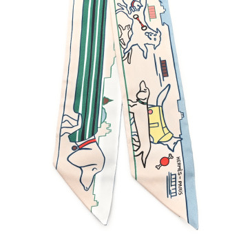 HERMES Silk Les Chiens Parisiens Twilly Creme Bleu Vert