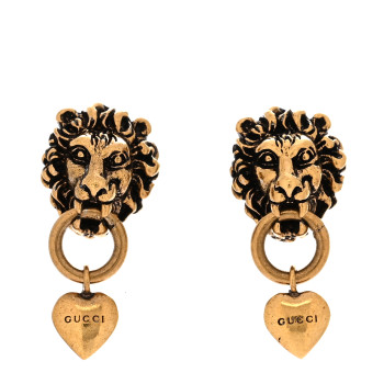GUCCI Metal Lion Head Heart Drop Earrings Aged Gold