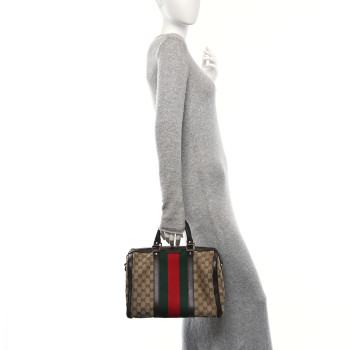 GUCCI Monogram Selleria Calfskin Vintage Web Medium Boston Beige Ebony Cocoa