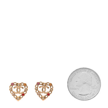 CHANEL Pearl Crystal CC Heart Earrings Gold Multicolor