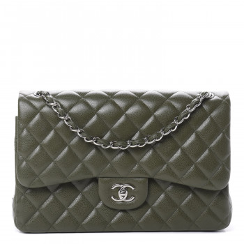 CHANEL Caviar Quilted Jumbo Double Flap Dark Green