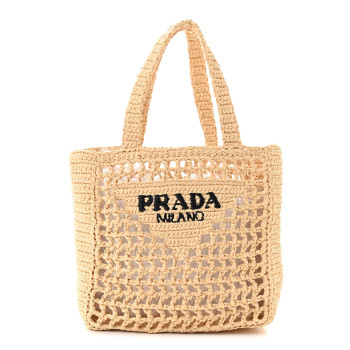 PRADA Yarn Raffia Effect Crochet Logo Embroidered Small Tote Bag Naturale