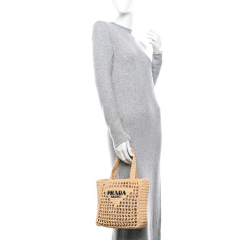 PRADA Yarn Raffia Effect Crochet Logo Embroidered Small Tote Bag Naturale