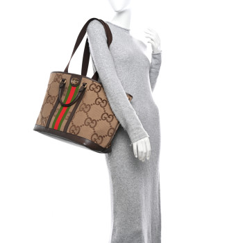 GUCCI Monogram Jumbo GG Textured Dollar Calfskin Web Medium Ophidia Shopping Tote Camel Ebony
