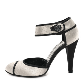 CHANEL Satin Quilted Mary Jane Pumps 37 Grey