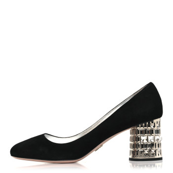 PRADA Suede Crystal Block Heel Pump 39.5 Black