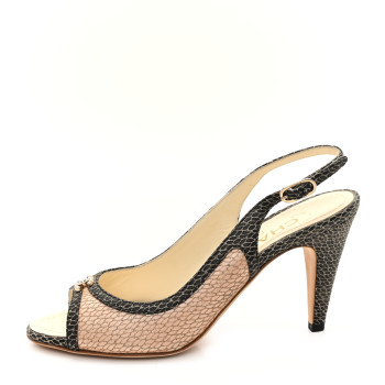 CHANEL Calfskin Mesh Pearl CC Peep Toe Slingback Pumps 36 Salmon Black