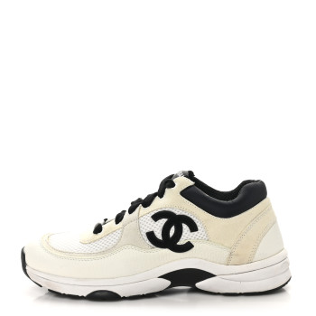 CHANEL Mesh Suede Calfskin Grained Calfskin Womens CC Sneakers 39.5 White Black