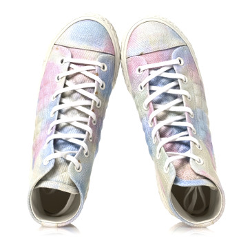 CHANEL Printed Fabric Quilted High Top Sneakers 38 Green Pink Blue White