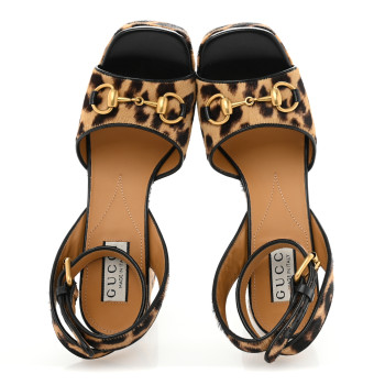 GUCCI Calf Hair Leopard Print Horsebit 25/60mm Platform Sandals 36.5 Hazelnut Black
