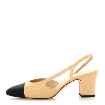 CHANEL Goatskin Grosgrain Cap Toe CC Slingback Pumps 38 Beige Black
