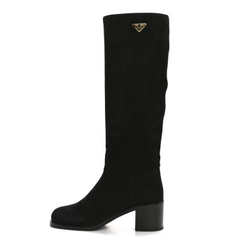 PRADA Suede Metal Triangle Logo Knee Boots 38 Black