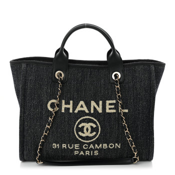 CHANEL Denim Small Deauville Tote Dark Blue White