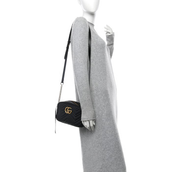 GUCCI Calfskin Matelasse Small GG Marmont Chain Shoulder Bag Black