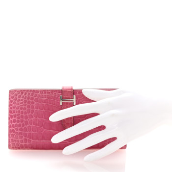 HERMES Shiny Alligator Bearn Wallet Rose Scheherazade