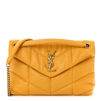 SAINT LAURENT Lambskin Quilted Small Loulou Puffer Monogram Chain Satchel Saffran