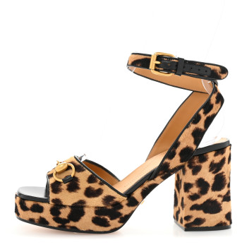 GUCCI Calf Hair Leopard Print Horsebit 25/60mm Platform Sandals 36.5 Hazelnut Black