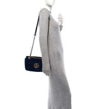 GUCCI Velvet Matelasse Small GG Marmont Shoulder Bag Cobalt Blue